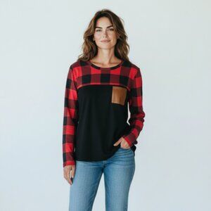 Temu Round Neck Long Sleeve Pull Over Shirt-Size XL-Left Front Pocket-Red/Black